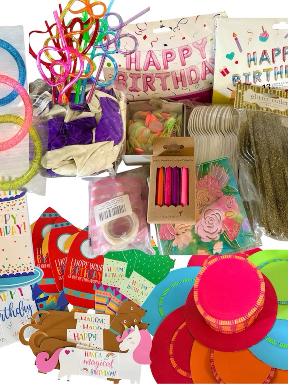 Colorful Birthday Party Supplies Bundle - Pink, Red, Green, Orange